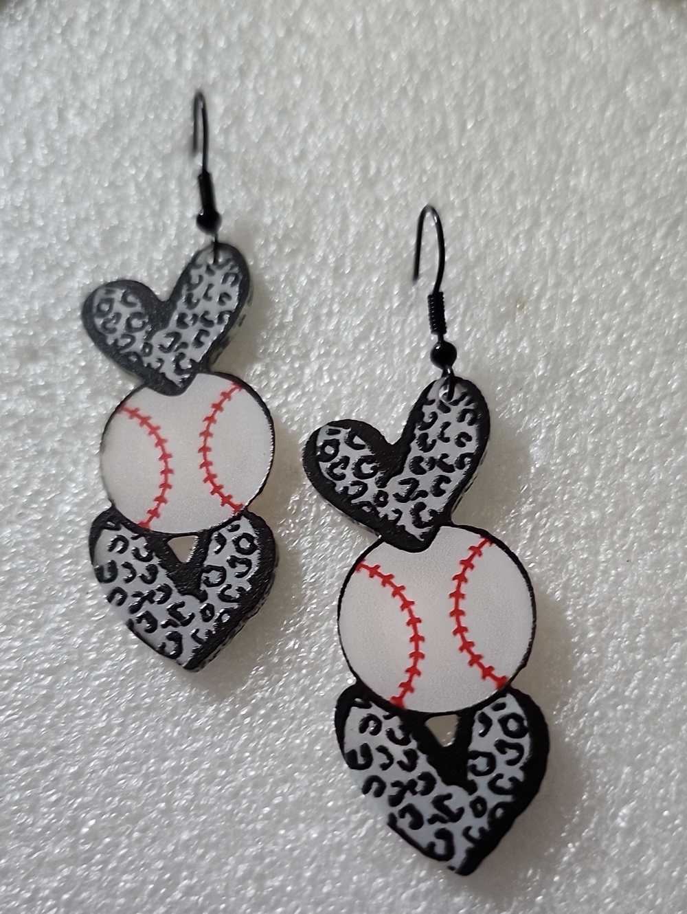 Hand Crafted White, Black & Red Baseball Heart Dangle Earrings